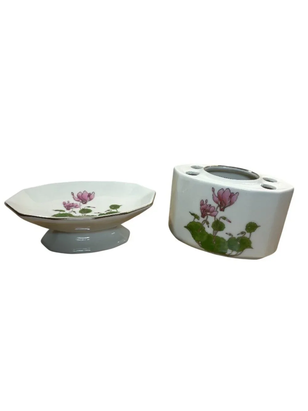 Vintage Otagiri Cyclamen Vanity Set Toothbrush/Makeup Brush Holder Soap Dish